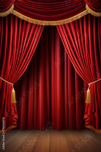 b'Red stage curtain with spotlight on wooden floorboards'
