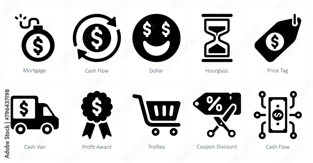 A set of 10 finance icons as mortgage, cash flow, dollar