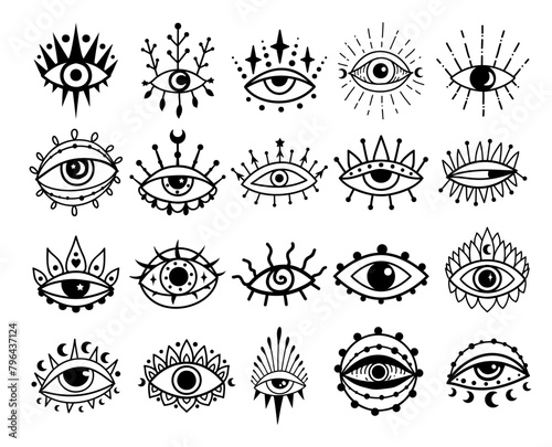 Eye boho. Lineart Vector illustration. Flower moon , Magic celestial witchcraft symbol. Masonic symbol. Hand drawn logo or emblem photo