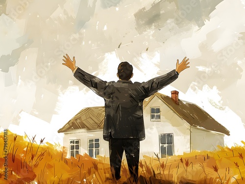 illustration of man raising his hands happy to return home
