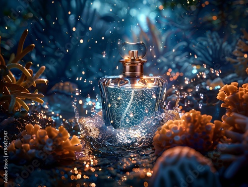 Sparkling droplets of perfume float from an open bottle suspended in zero gravity. deep sea Surrounded by marine plants and animals It is a symbol of home and luxury.
