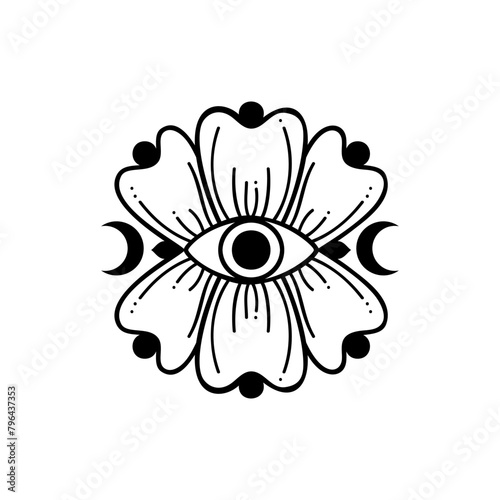Eye boho. Lineart Vector illustration. Flower moon , Magic celestial witchcraft symbol. Masonic symbol. Hand drawn logo or emblem