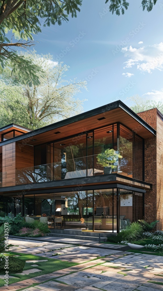 Modern two-story house with brick and wood exterior and large glass windows