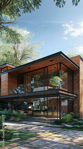 Modern two-story house with brick and wood exterior and large glass windows © Adobe Contributor