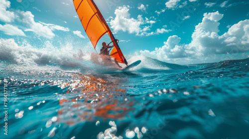 Dynamic image of an adventurous male windsurfer using a bright orange windsurfing wing and a sleek hydrofoil board on the vibrant blue ocean. photo