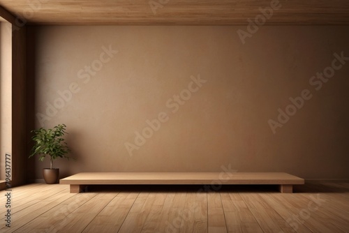 Wooden beige dark studio background for product presentation. Empty room with shadows of window . 3d room with copy space.