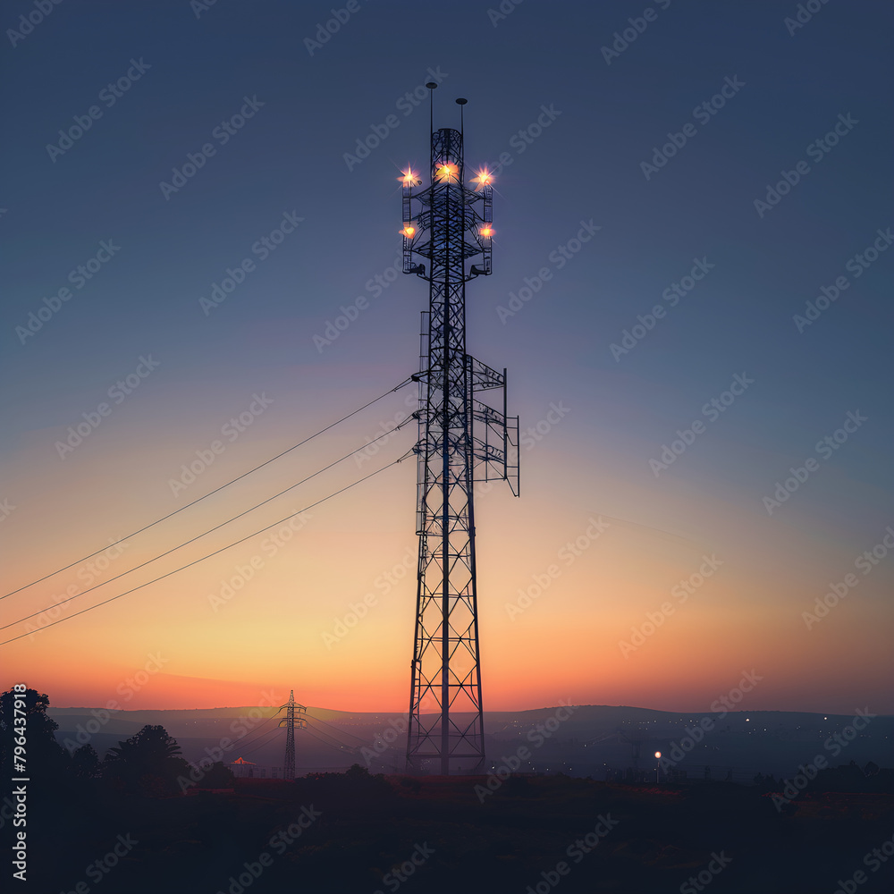 RQ 600 Radio Frequency Transmission Tower Silhouetted Against a Dramatic Sky