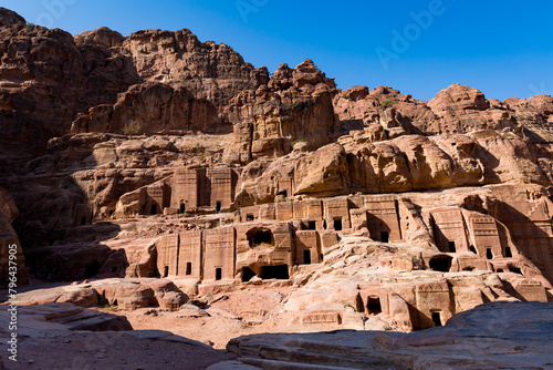 View of facades street in the archeological site of Petra in Jordan
