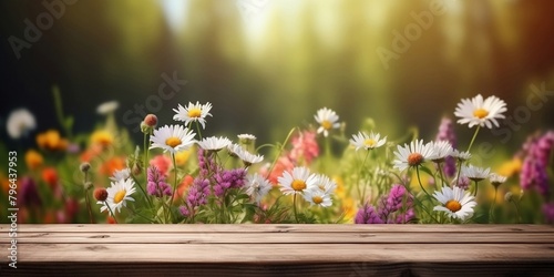Wildflowers and wooden table background. © STUDIO.no.3