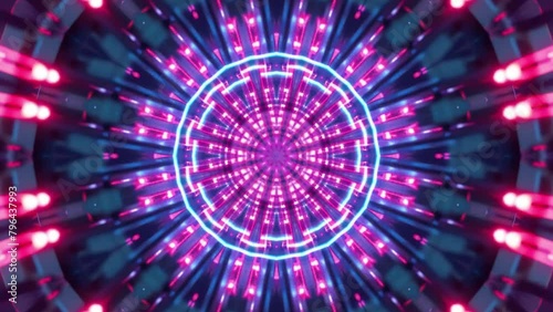Vivid colors and intricate patterns dance in the seamlessly looping abstract saber neon light kaleidoscope mandala, available in 4k. photo
