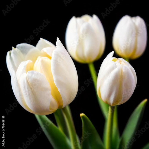     White tulips on black background     A striking and photorealistic image of white tulips set against a dramatic black background  highlighting the delicate beauty of the flowers in a high-contrast