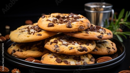 b A stack of chocolate chip cookies on a black plate 