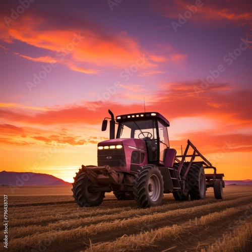 b'Tractor in the field during sunset'