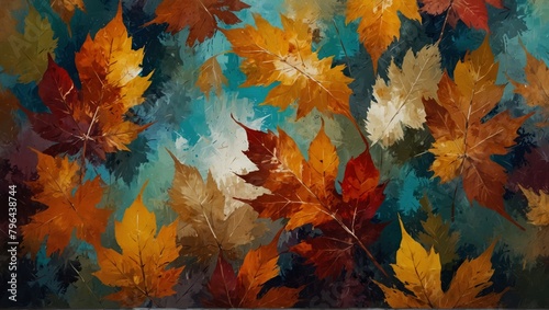 Vibrant abstract autumn leaves art painting texture with oil brushstroke on canvas