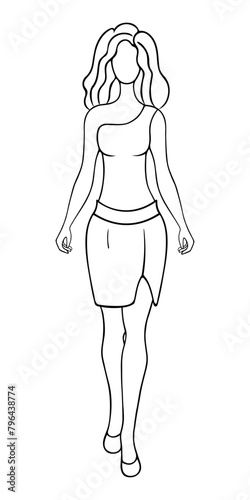 The young lady is walking. Sketch. Vector illustration. A woman wears a tunic with a one-shoulder strap and a short pencil skirt with a slit at the hip. A girl with wavy hair and long legs. 