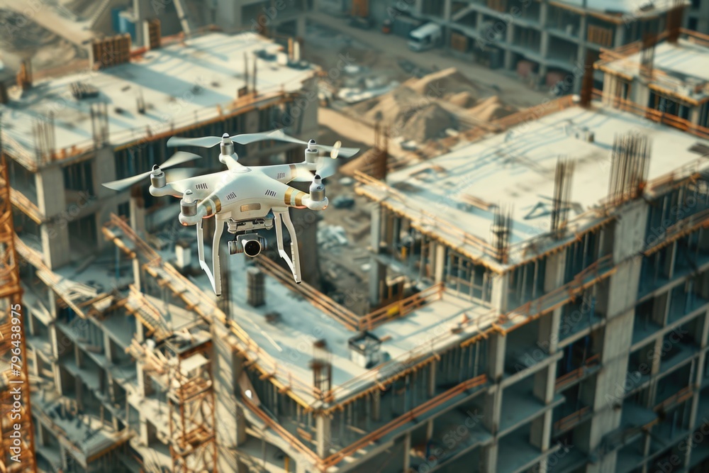 A white drone flying over a construction site. Perfect for construction industry projects