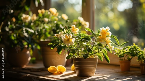 b'Yellow flowers in pots on a wooden table by the window'