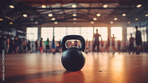 A black kettlebell sits on the floor of a gym with people exercising in the background. photo