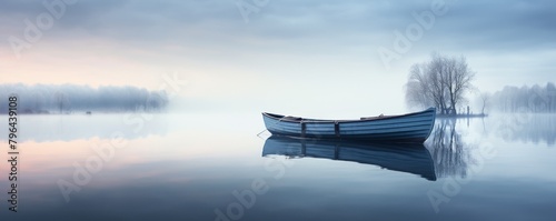 A boat sits calmly in a still lake at dawn. photo
