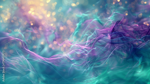 Enigmatic wisps of amethyst and plum swirling amidst radiant turquoise and teal bokeh. photo