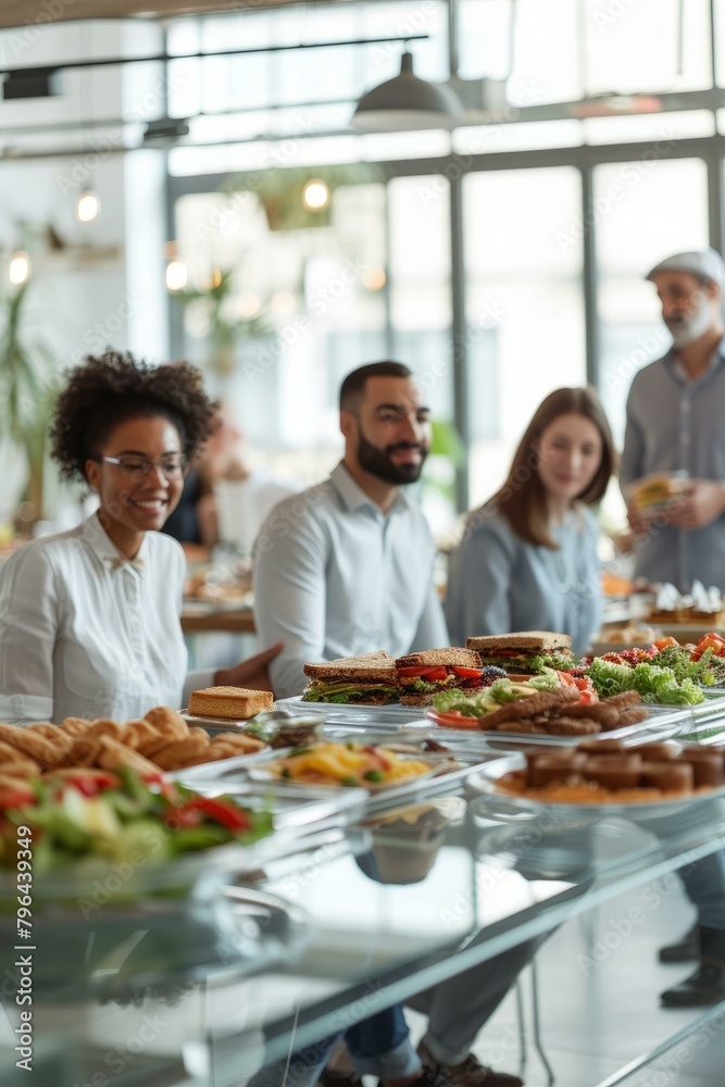 b'Multiethnic group of people choosing healthy food at a cafeteria' b'Multiethnic group of people choosing healthy food at a cafeteria'