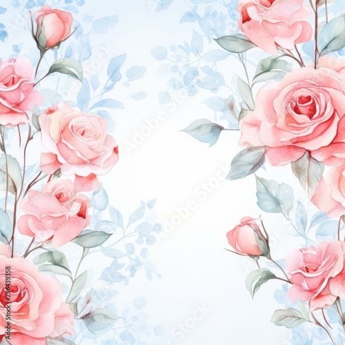 b'Pink roses and blue leaves on white background'