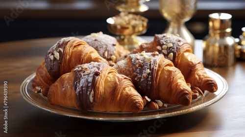 A closeup of a plate of croissants on a wooden table.