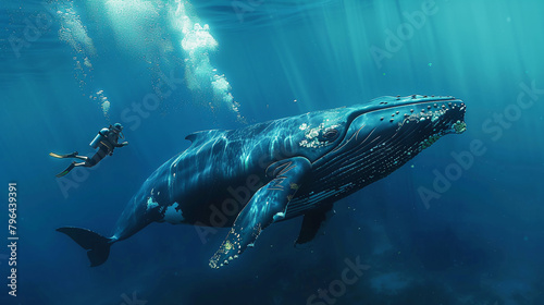 Diver swimming with whale. 
