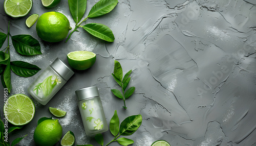 Different deodorants, leaves and lime on grunge background