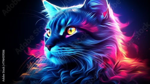 A digital painting of a cat with blue fur and yellow eyes. The cat is looking to the right of the frame. The background is dark with a gradient of blue to purple. The cat's fur is illuminated with bri photo