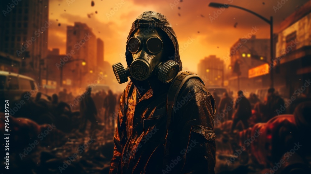 A man in a gas mask stands in a post-apocalyptic city. A man in a gas mask stands in a post-apocalyptic city.
