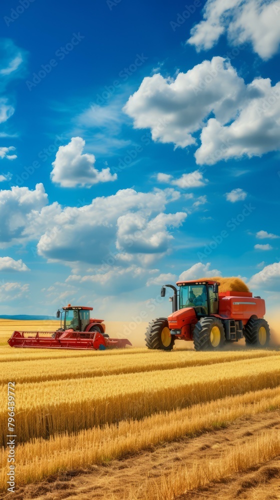 Obraz premium b'Red tractors harvesting golden wheat field under blue sky'