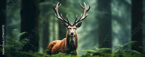 A large deer with antlers standing in a dense forest photo