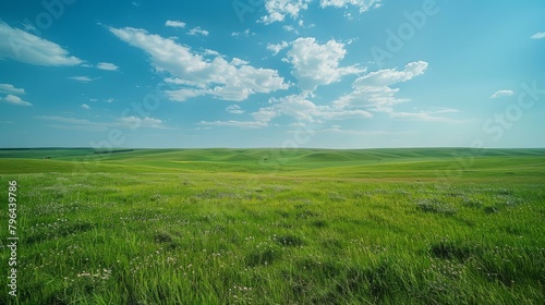 b Green rolling hills under blue sky with white clouds 