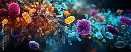 A microscopic view of a variety of microorganisms. photo