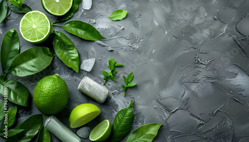 Different deodorants, leaves and lime on grunge background