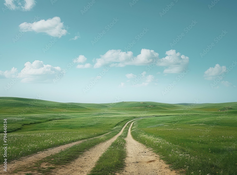 b'dirt road through a lush green grassy hill'