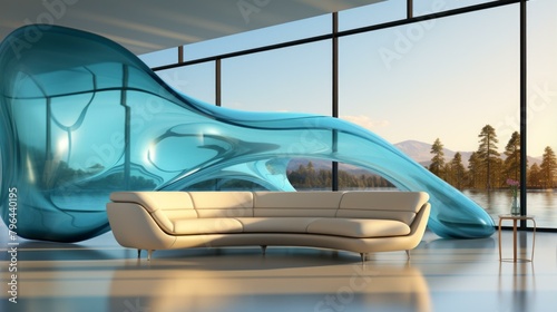 b'Futuristic living room interior with large blue glass sculpture and cream sofa'
