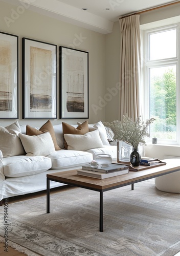 b'Airy White Living Room With Abstract Art'