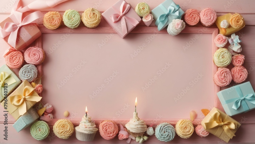 A charming pastel arrangement sets the stage for a whimsical display of birthday treats, from cakes and candles to gift boxes with bows, all awaiting your personalized message.