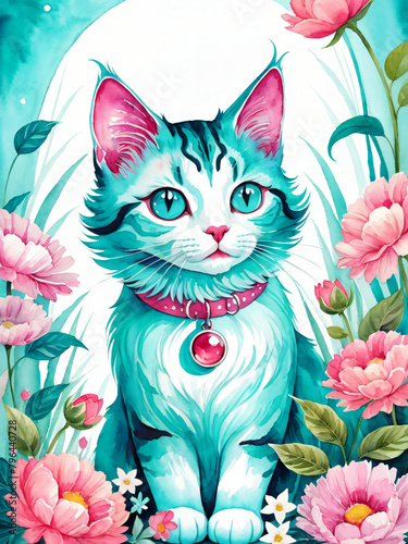 Cute floral cat Generative AI illustration   