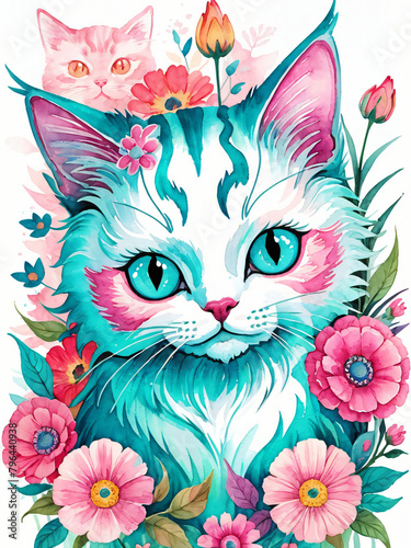 Cute floral cat Generative AI illustration   