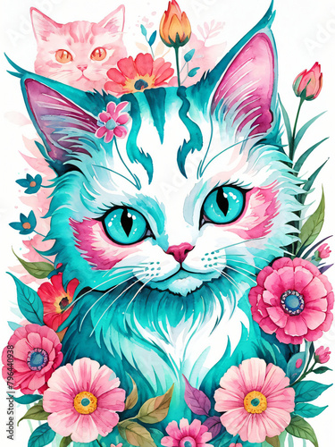 Cute floral cat Generative AI illustration 

