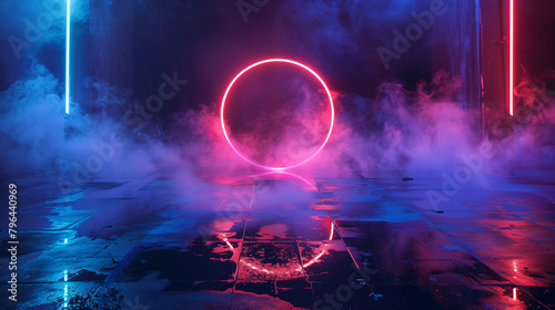 A red and blue circle is in the middle of a foggy, smokey room. The circle is surrounded by a dark blue background