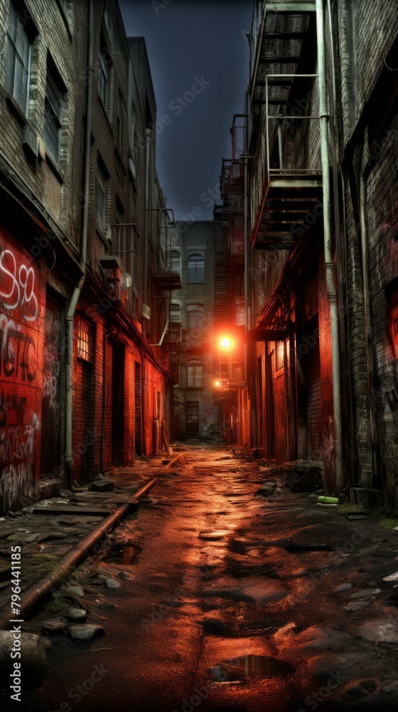 Fototapeta premium b'A dark and dirty alleyway with a single light source'