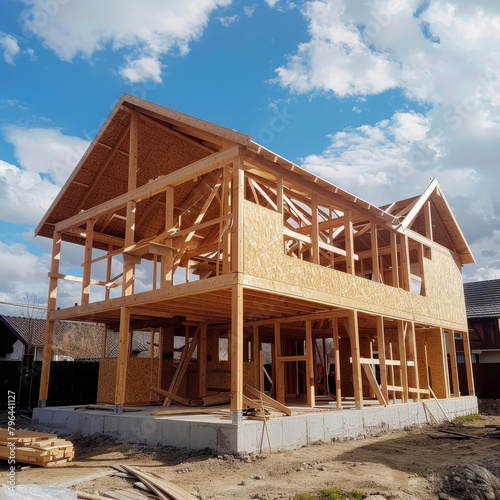 Wooden frame house construction truss, post, and beams manufacturing for new residential properties
