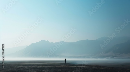 b'Man standing alone in a vast desert with mountains in the distance' photo
