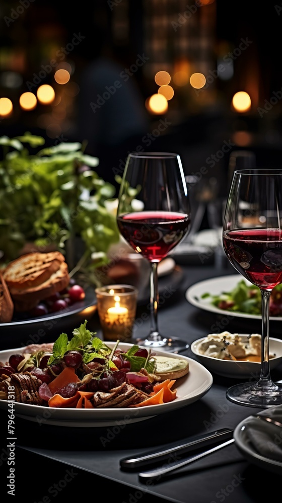 b'A delicious and romantic dinner for two with wine, salad, and bread' b'A delicious and romantic dinner for two with wine, salad, and bread'