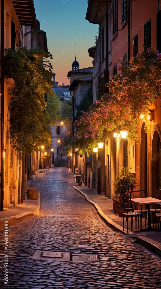 b'Charming cobblestone street in the old city of Rome, Italy'