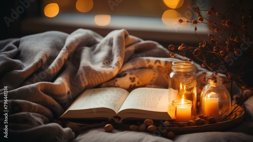 b'A cozy blanket, a book, and a candle' photo